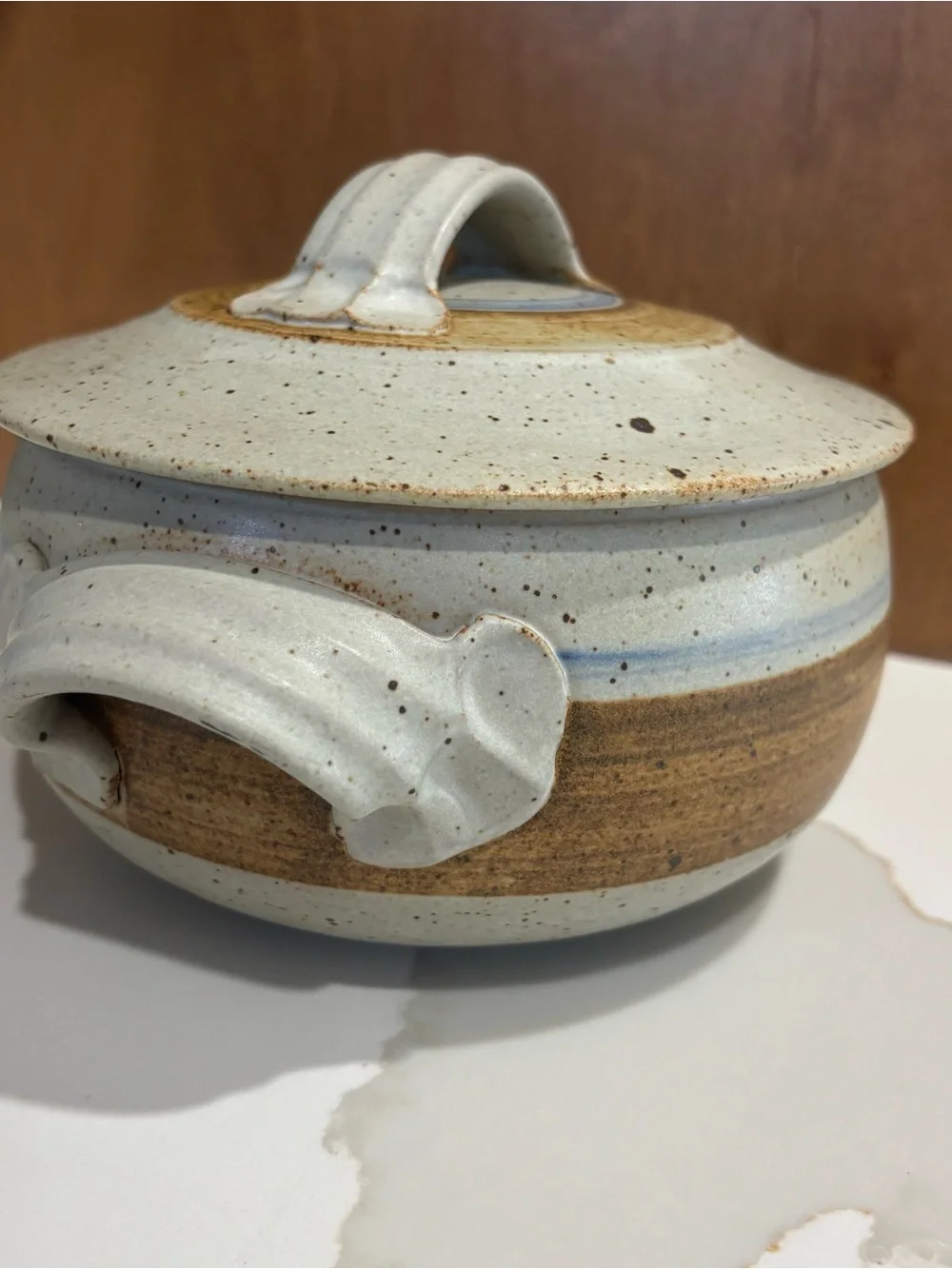 Vintage Haas Studio Pottery Bowl Pot with Handled Lid Earthtones Brown Blue